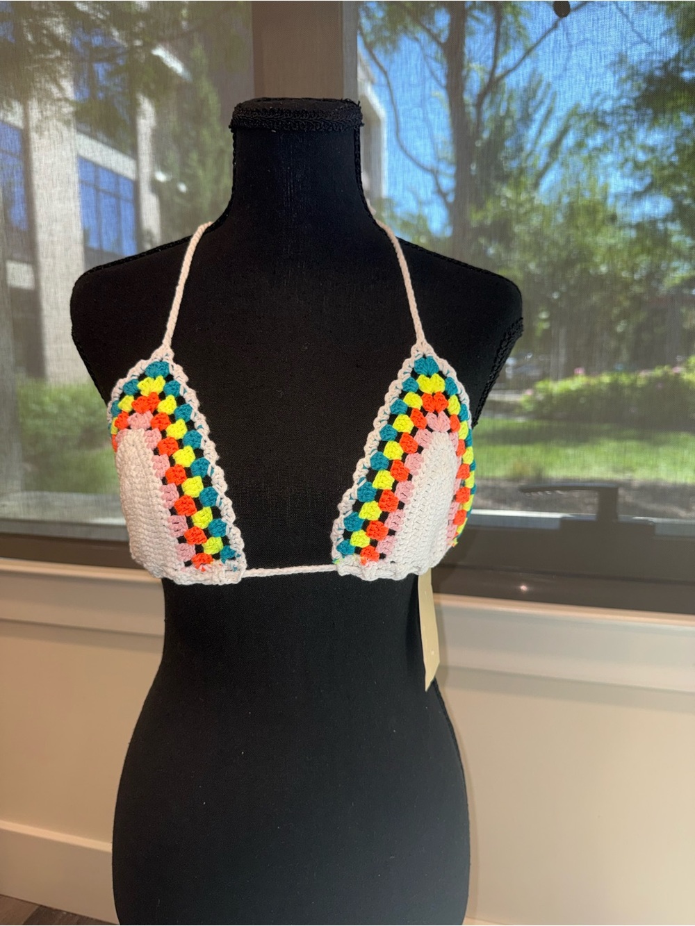 Fashion Nova White Crochet Halter Top with Bright Multicolor Accents